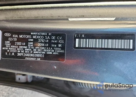 2019 Kia Forte Fe из США, поврежденный, VIN 3KPF24AD3KE098951